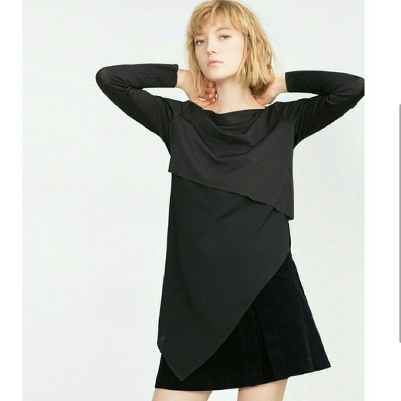 ZARA Long Sleeve Asymmetric Tiered Top Tunic Blouse Size Medium Black - Picture 1 of 6